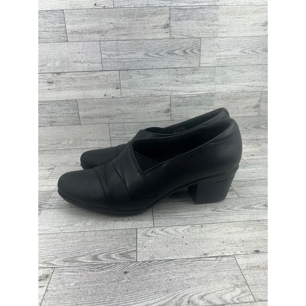Clarks‎ Black Leather Cushion Soft Slip On Block Heel Pumps Women Size 11M